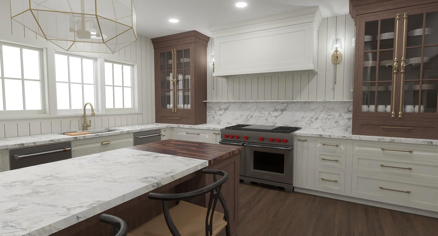 Redesigned kitchen with white cabinetry, marble counters and a walnut island
