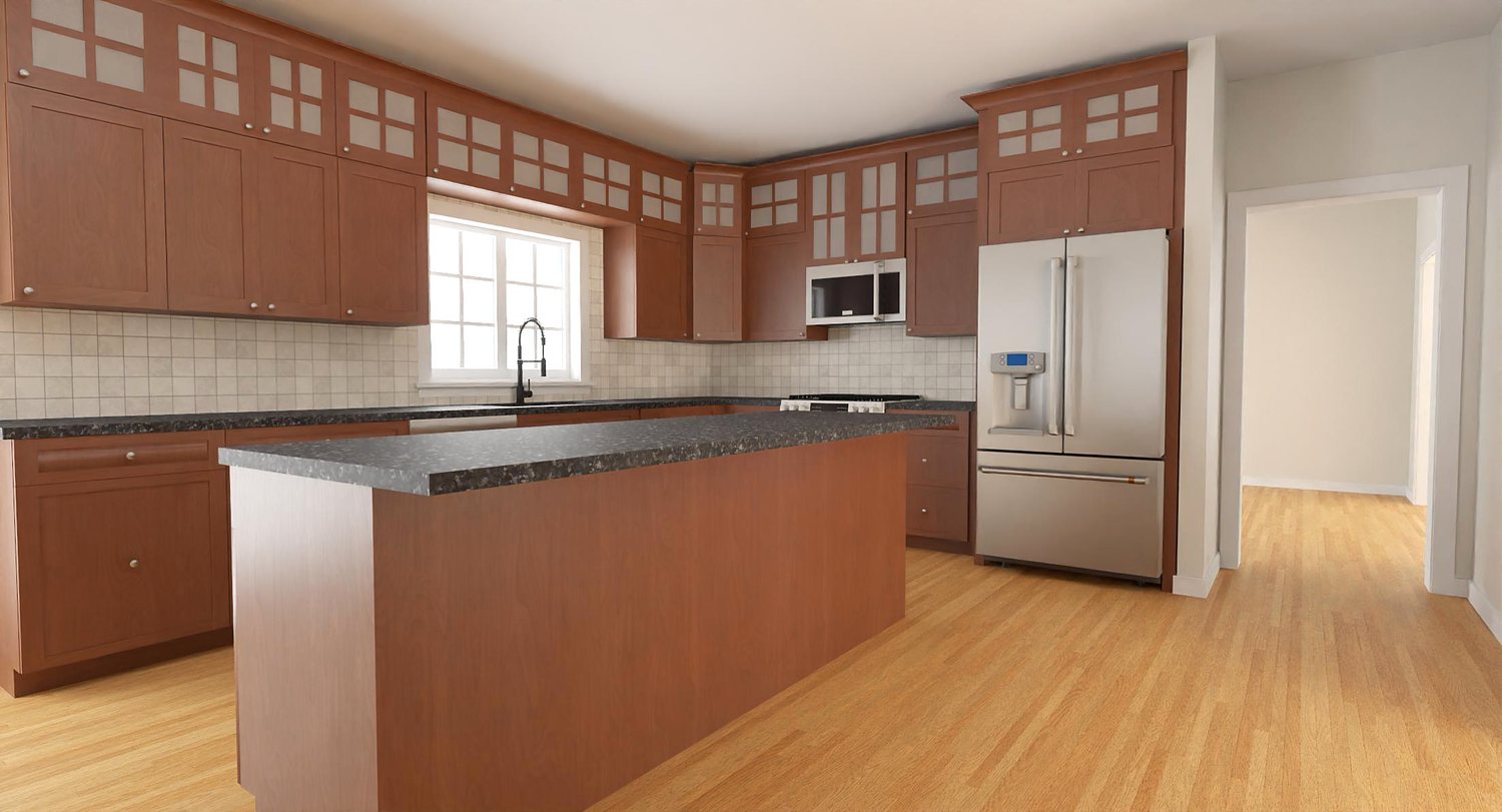 Existing kitchen modelled in 3D with dated cherry cabinetry and dark granite