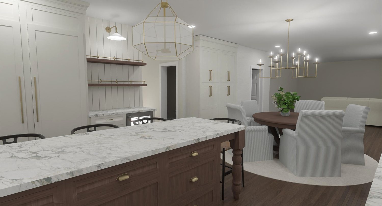 Redesigned open plan with the island opening onto a dining area