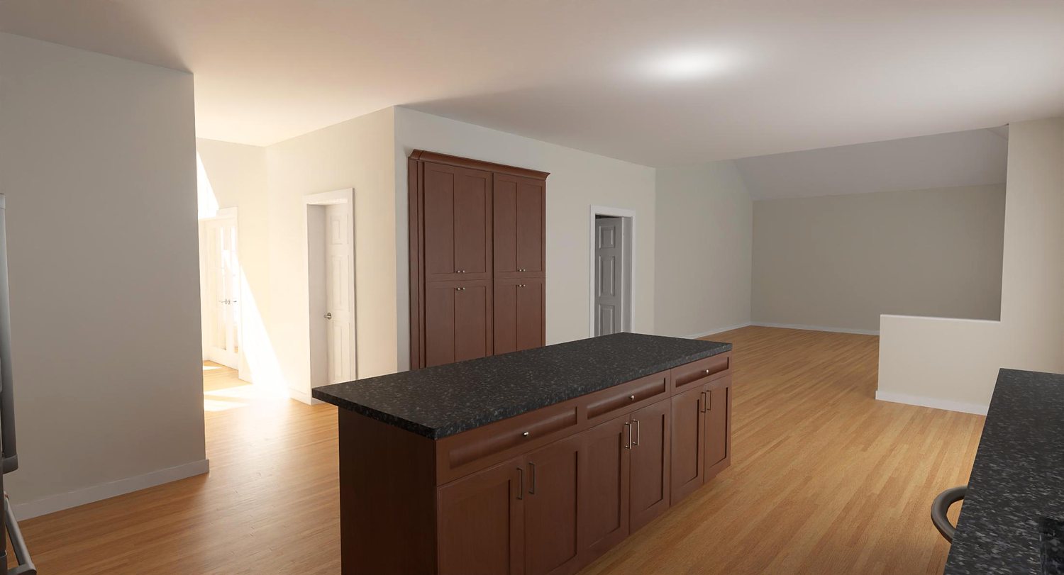 Existing kitchen island beside a closed-off adjoining room
