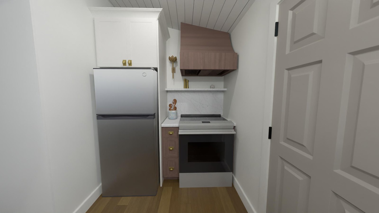Redesigned range wall with a custom walnut hood, marble backsplash, brass sconce and a shiplap ceiling