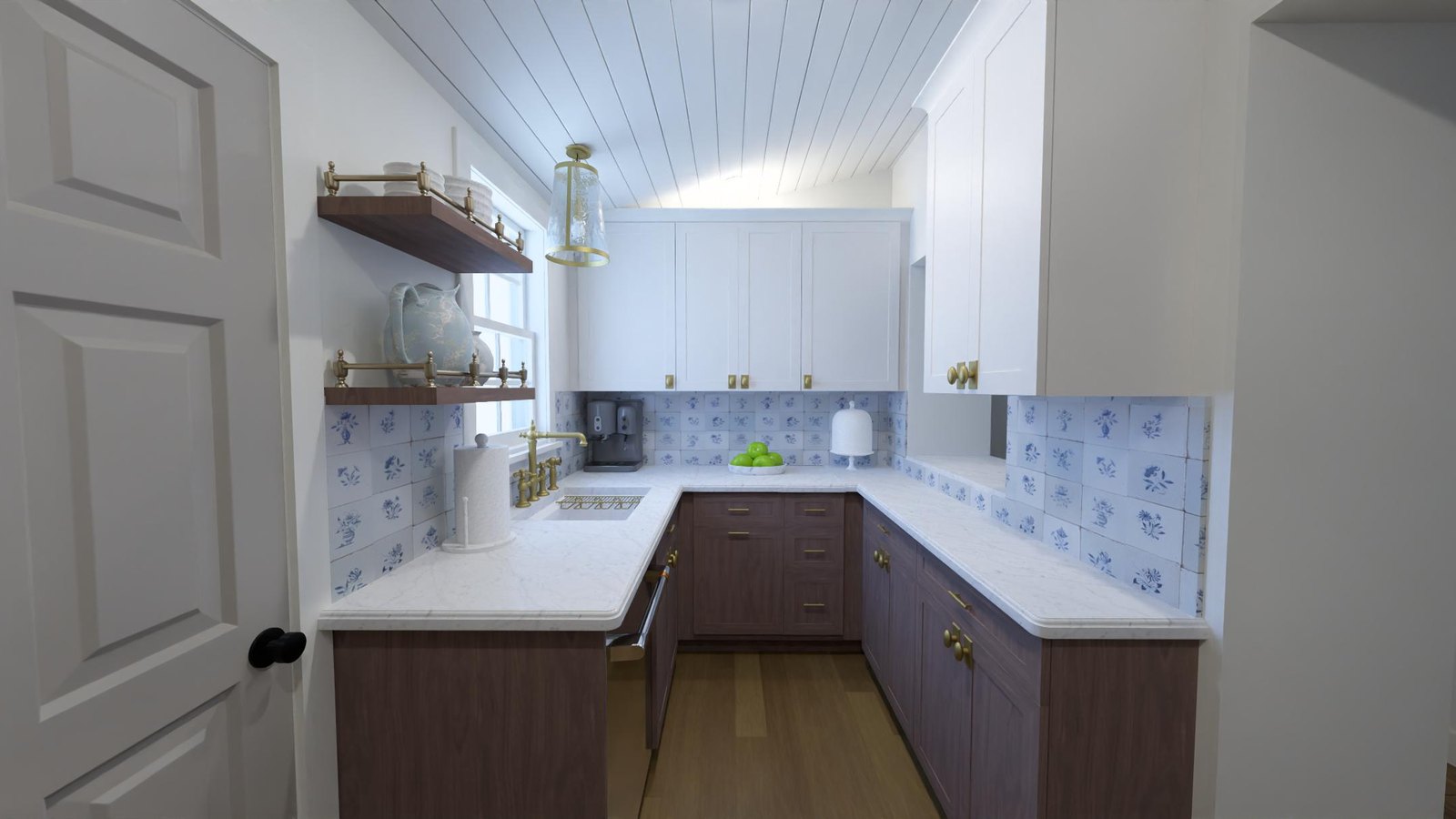 Redesigned kitchen with white uppers, walnut base cabinets, marble counters, hand-painted delft tile and brass fittings