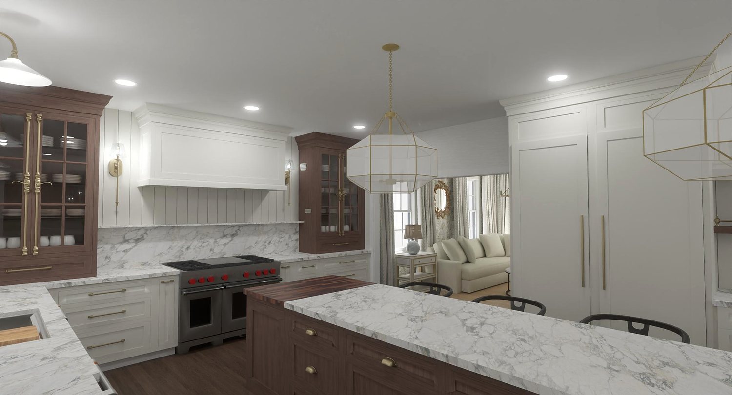 Redesigned range wall with a custom hood, marble backsplash and walnut cabinetry