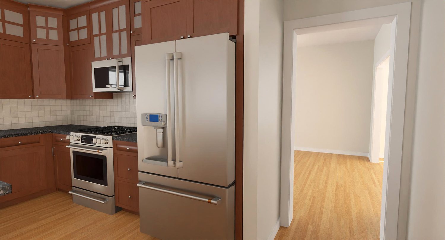 Existing range and refrigerator wall with cherry cabinetry