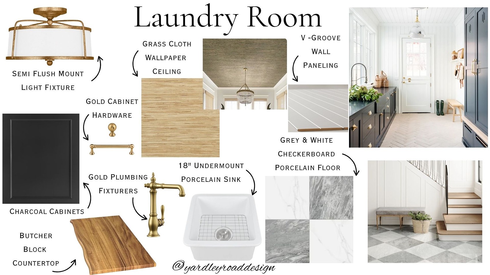 Laundry room design board with charcoal cabinets, brass fixtures, grass cloth ceiling and checkerboard floor