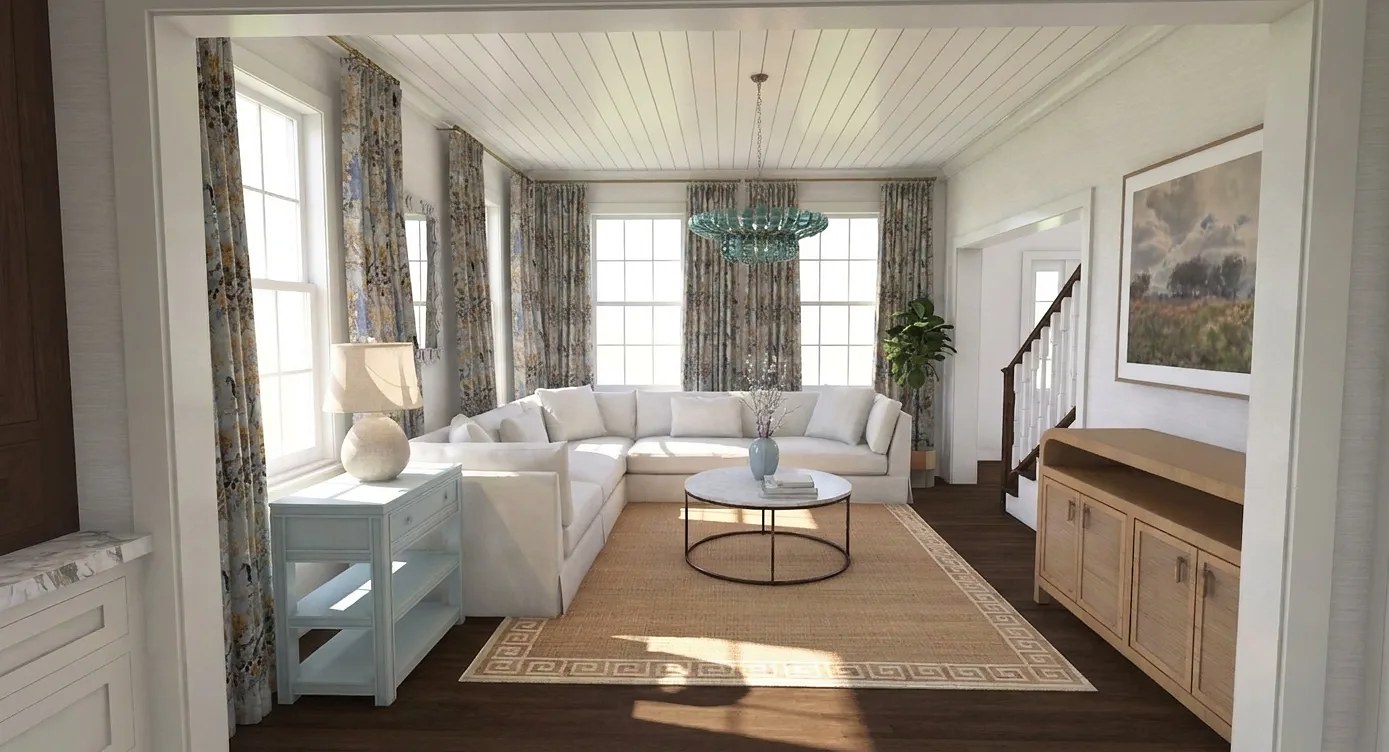 Rendered living room with a white sectional, floral drapery and a green chandelier