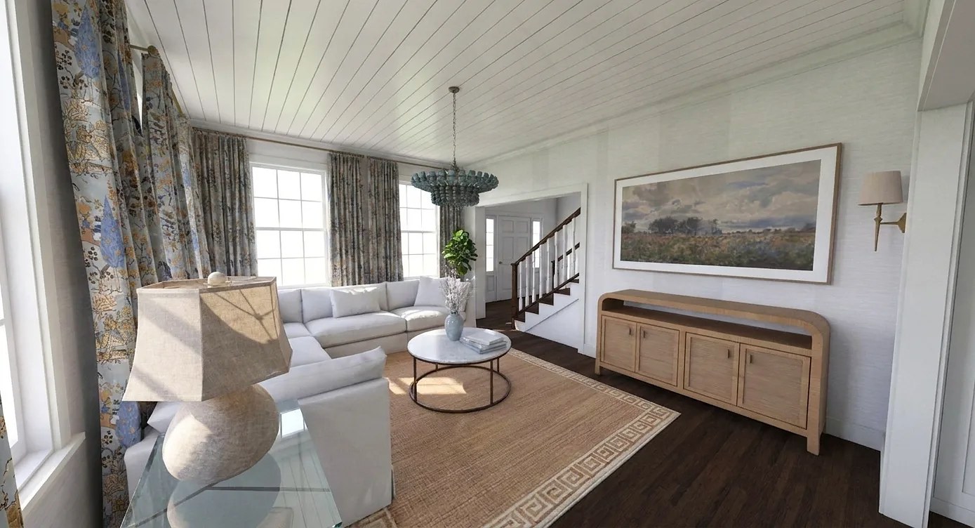 Rendered living room looking toward the staircase and rattan console