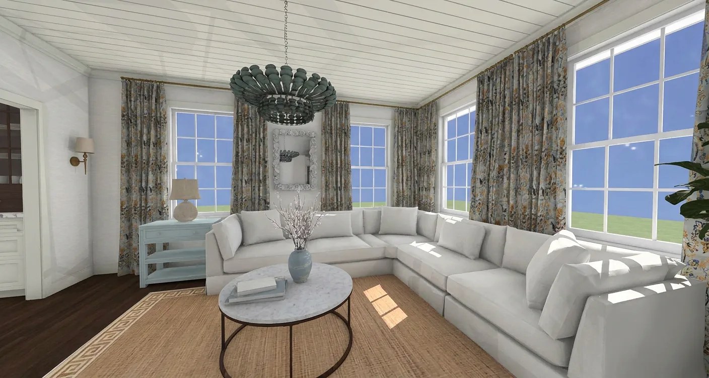 Rendered living room seen from the adjoining room