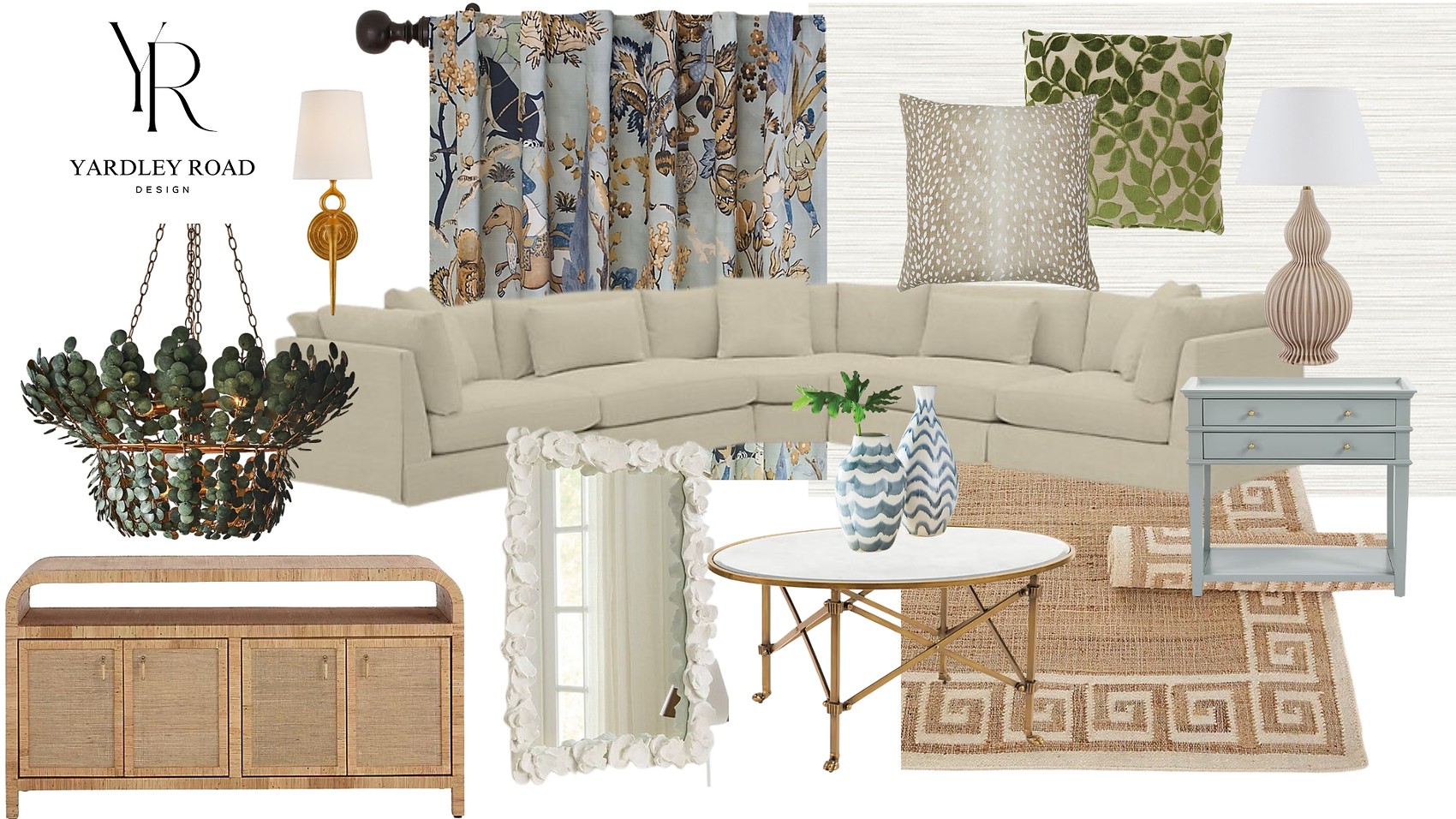 Living room design board with sectional, chandelier, drapery, jute rug, side table and accessories