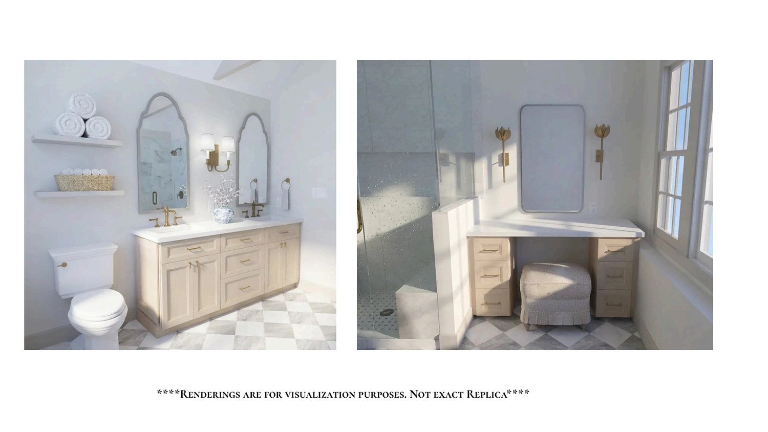 Dimensioned sink vanity and makeup vanity elevations with renderings