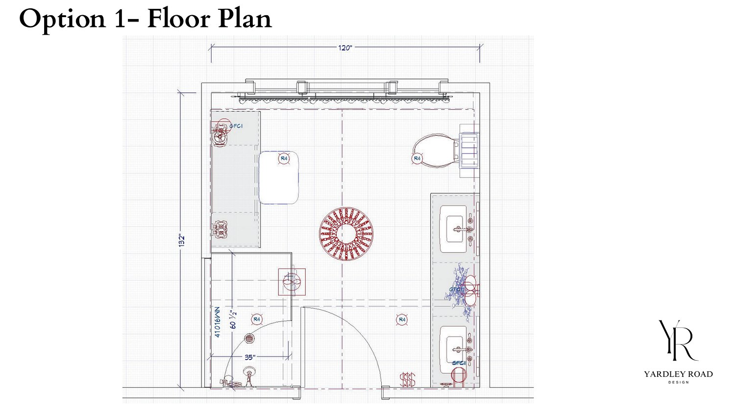 Dimensioned bathroom floor plan with fixture and electrical locations