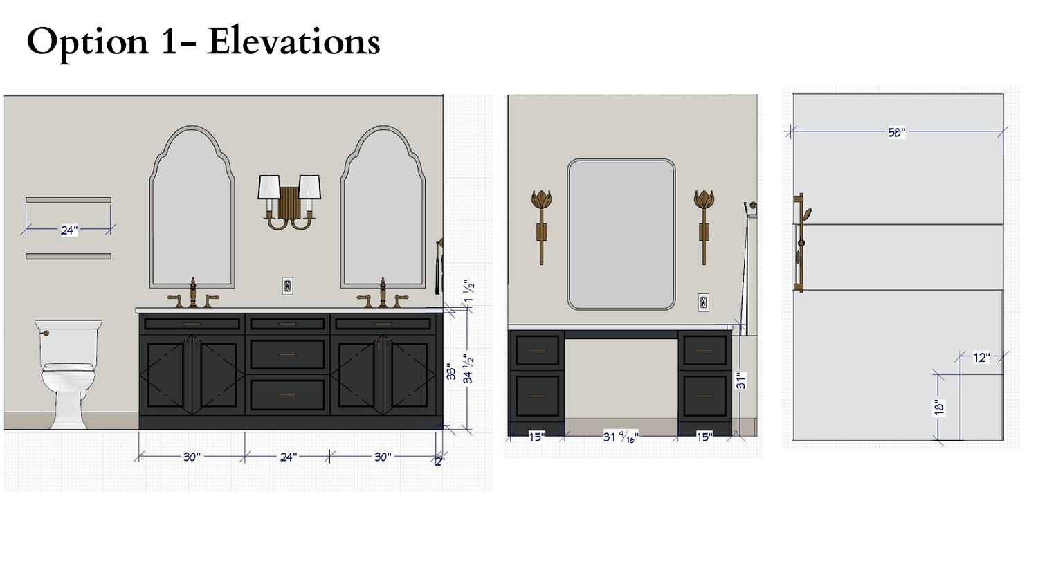 Cabinet and wall elevations for the vanity, mirrors and shower