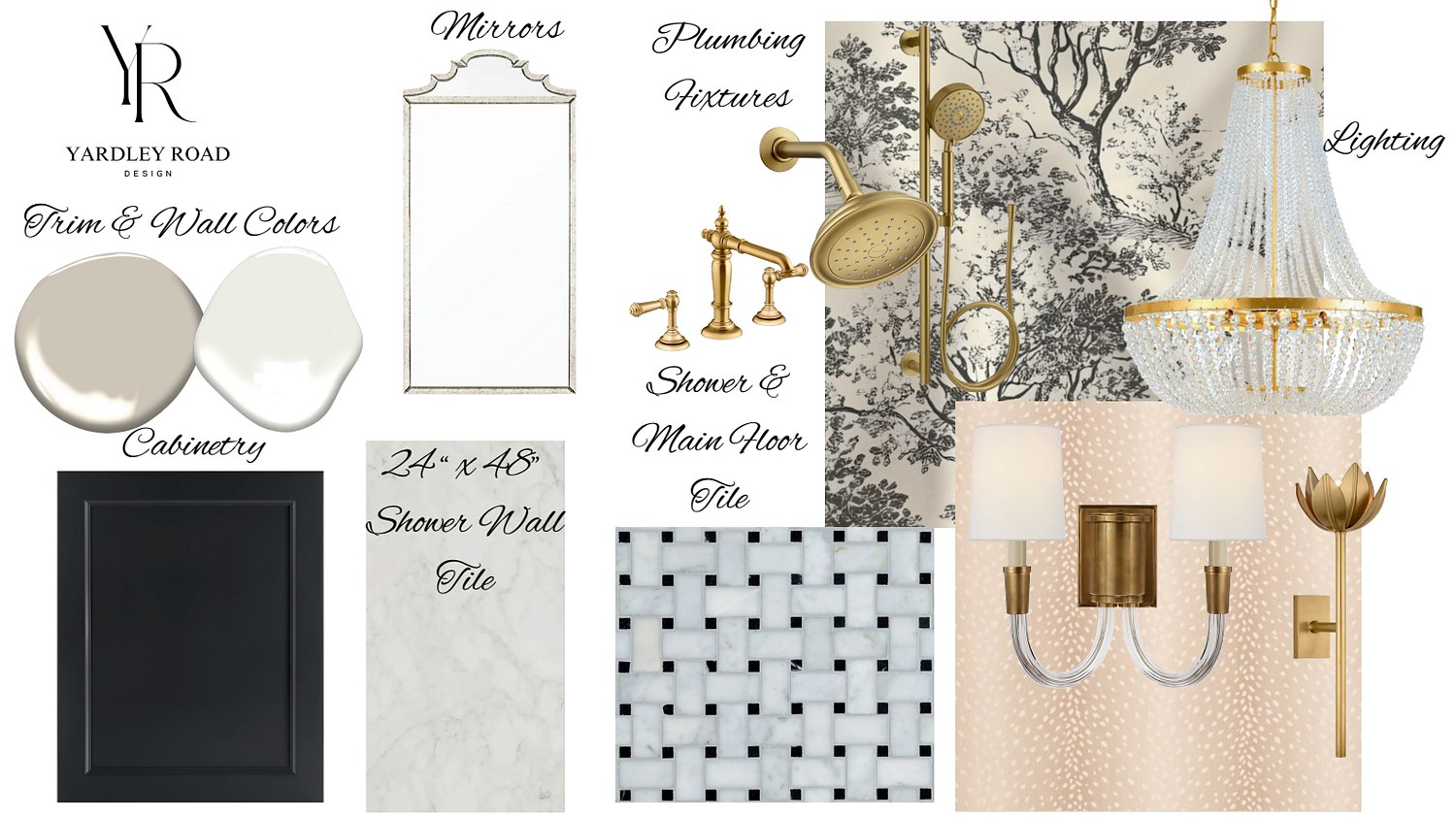 Curated selections board with tile, paint, plumbing fixtures and lighting
