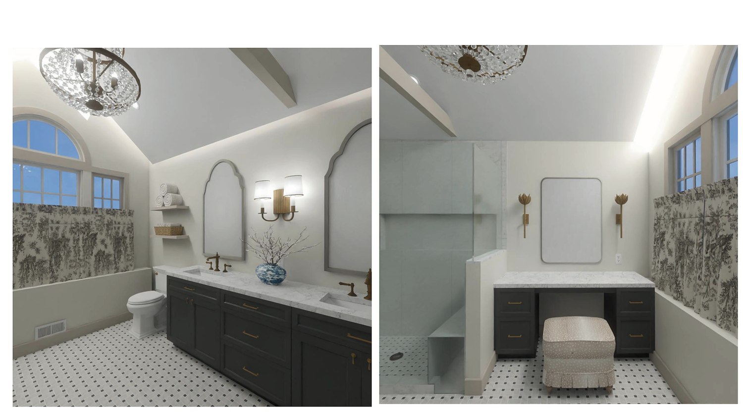 Rendered views of the makeup vanity and window wall