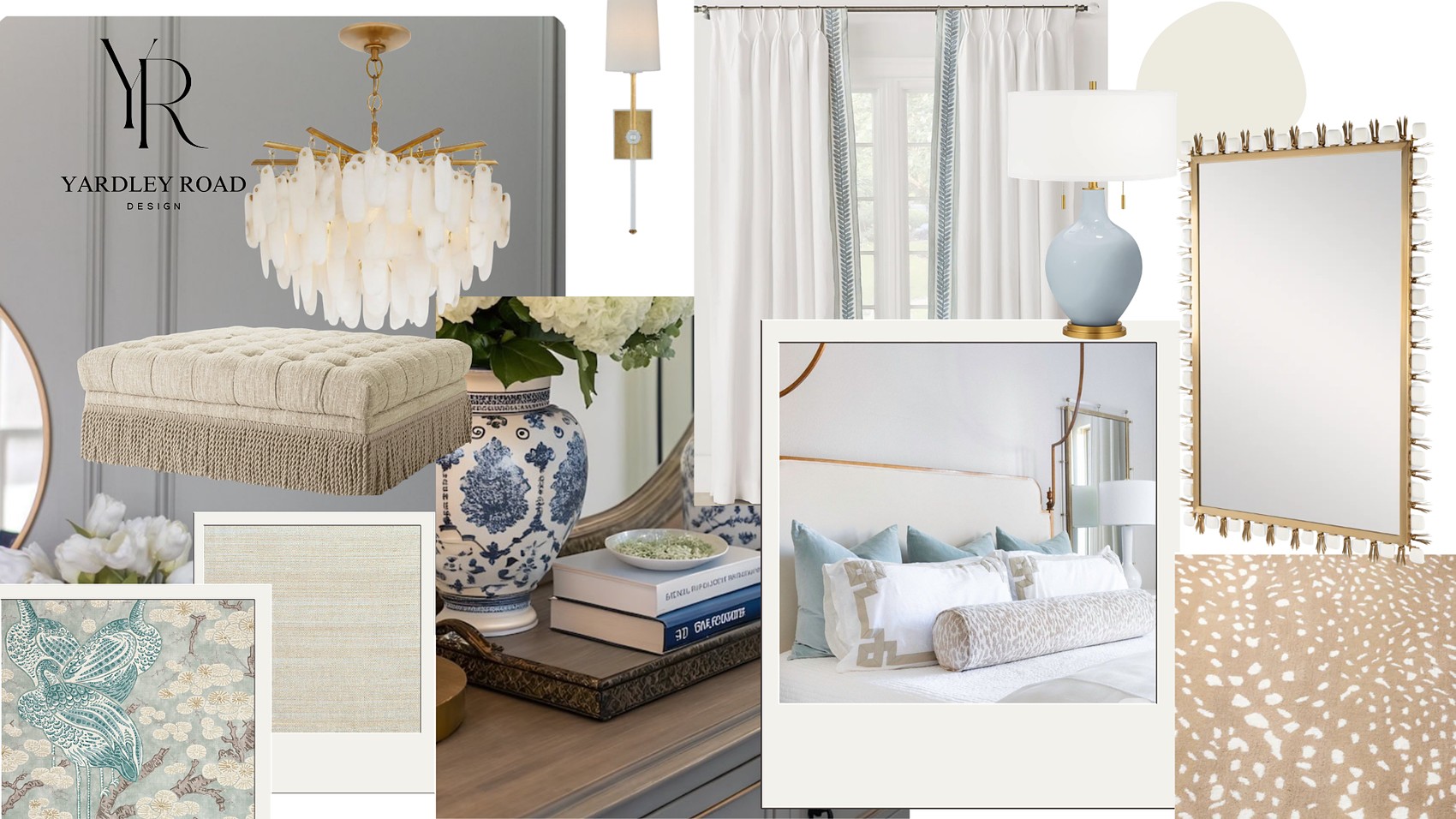 Interior styling board with chandelier, drapery, mirror, lamp, fabrics and accessories in soft blues and neutrals